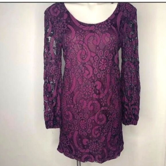 Anthropologie Sunday in Brooklyn Joy Purple with Black Lace Long Sleeve Dress XS - Picture 1 of 13